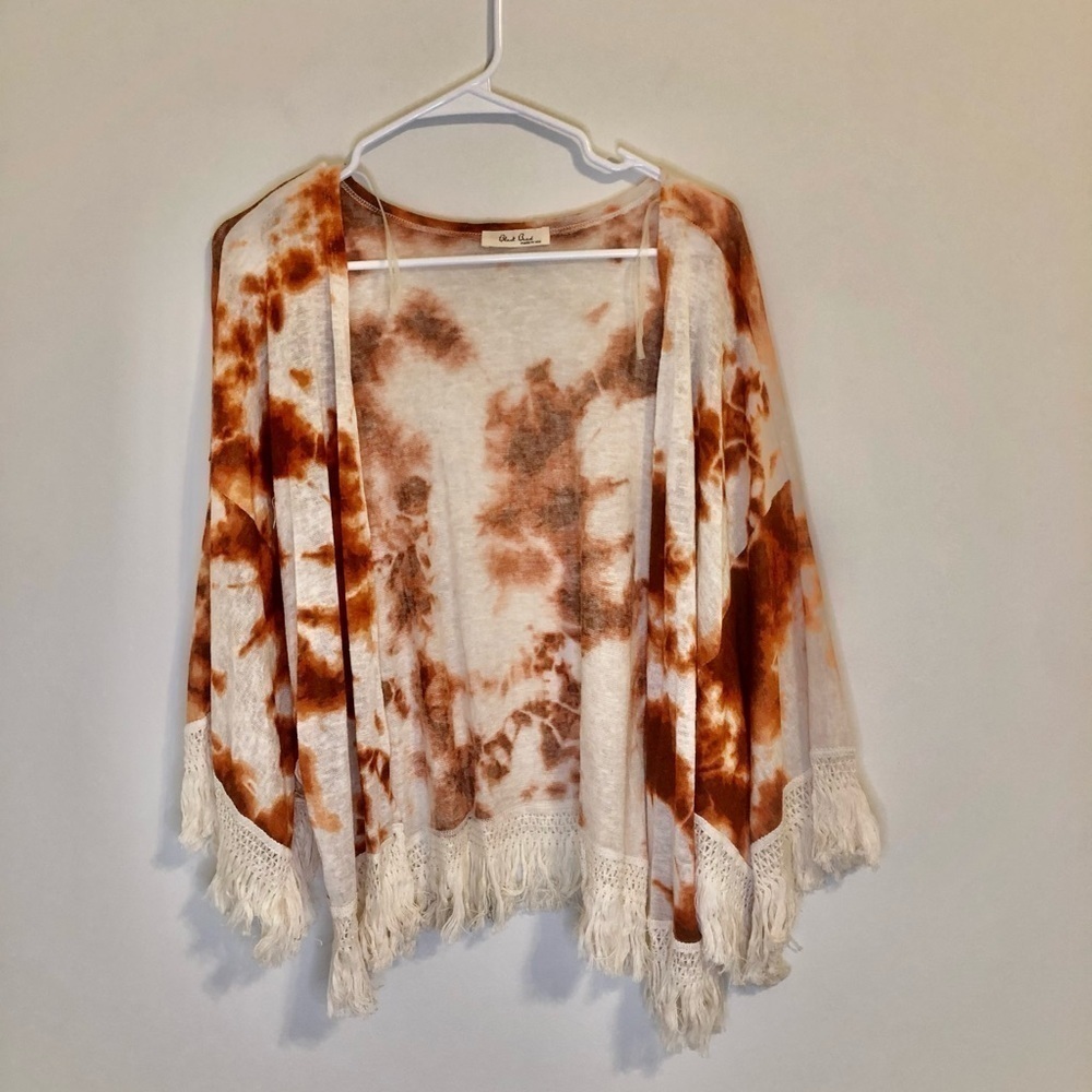 2/$30 Black Bead Orange Rust Tie-Dye Fringe Kimono Cardigan Boho Festival Small - Picture 4 of 6